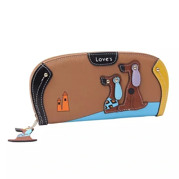 Silly Cartoon Dog Brown Vegan Leather Clutch Wallet - Picture 2 of 15
